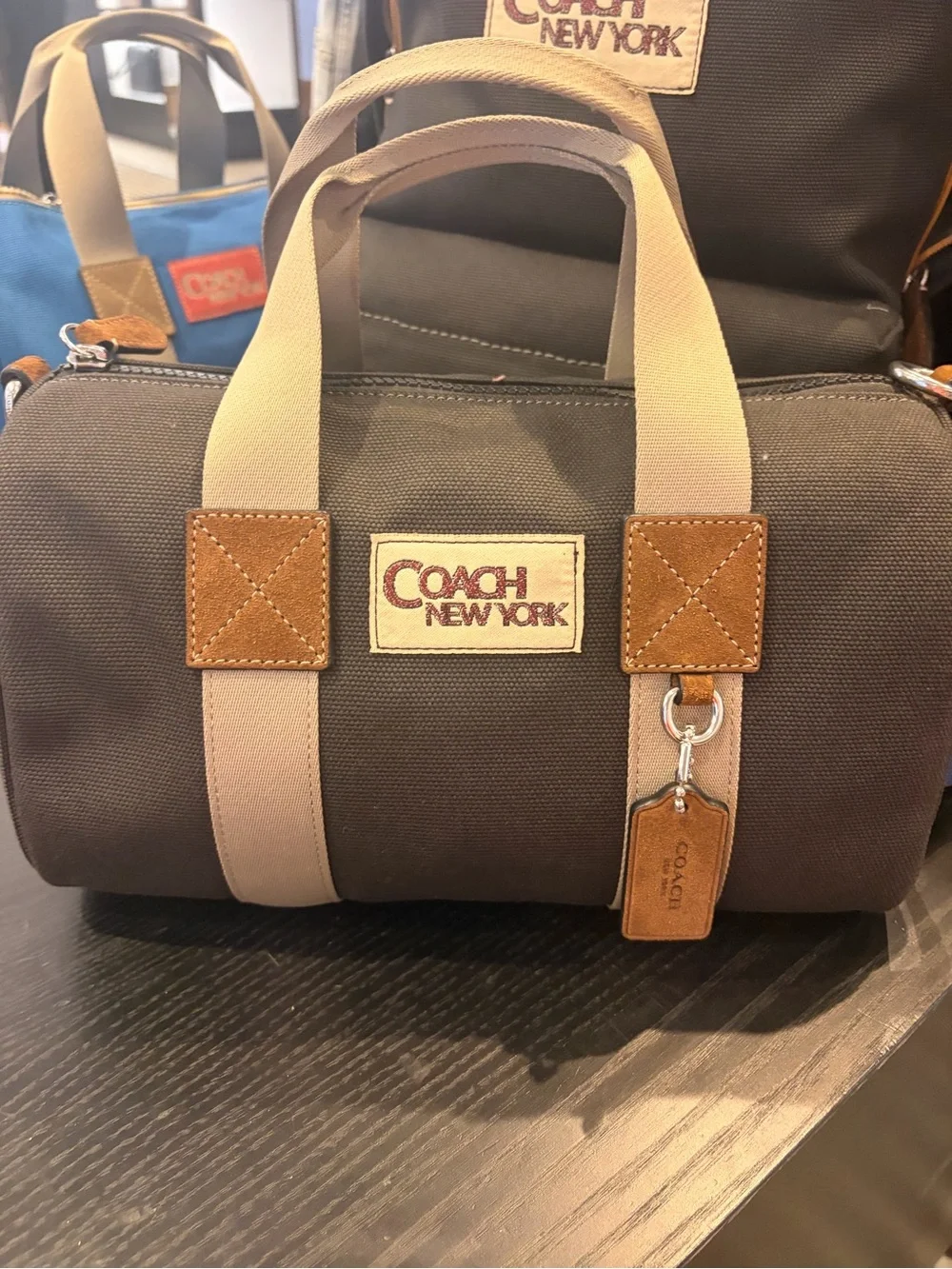 Coach Black Canvas Tote with Cream Straps and Brown Leather Trim new with tag